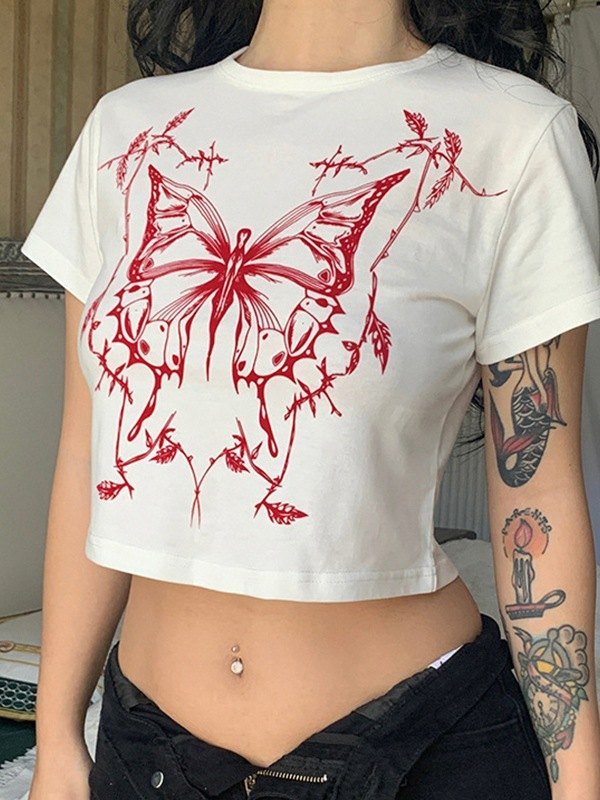 WHITE CROP TOP WITH RED BUTTERFLY GRAPHIC - CUTE Y2K FAIRY GRUNGE