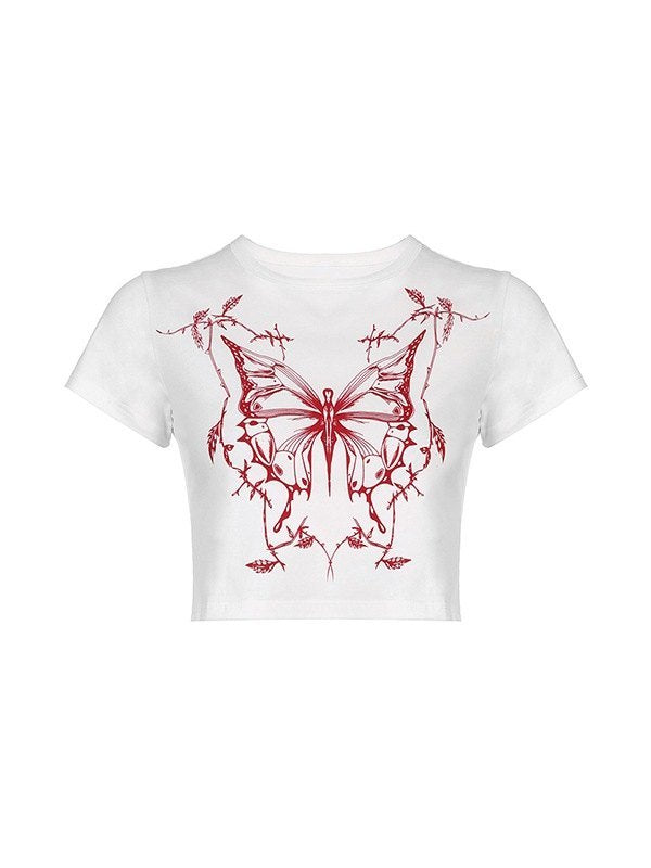 WHITE CROP TOP WITH RED BUTTERFLY GRAPHIC - CUTE Y2K FAIRY GRUNGE