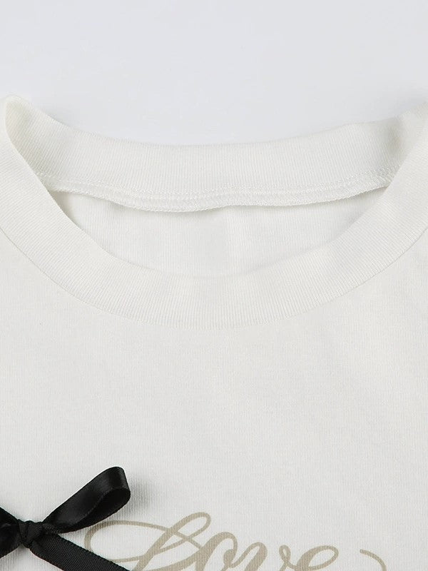 WHITE CROP TOP WITH RIBBON BOWS - BOLD LETTER PRINTS Y2K STYLE