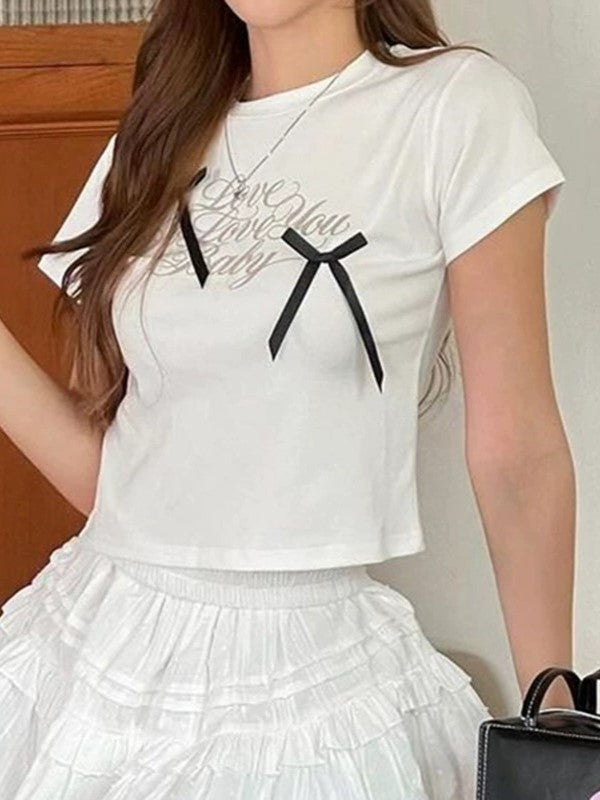 WHITE CROP TOP WITH RIBBON BOWS - BOLD LETTER PRINTS Y2K STYLE