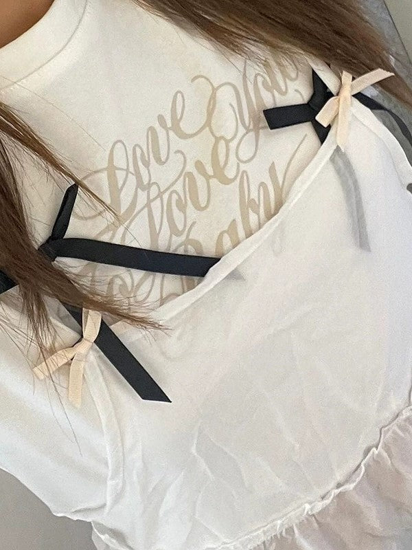 WHITE CROP TOP WITH RIBBON BOWS - BOLD LETTER PRINTS Y2K STYLE