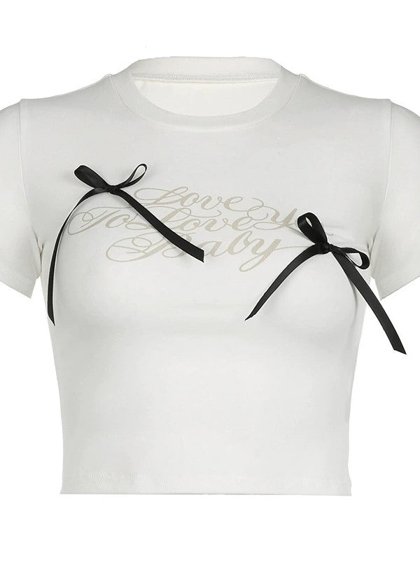 WHITE CROP TOP WITH RIBBON BOWS - BOLD LETTER PRINTS Y2K STYLE