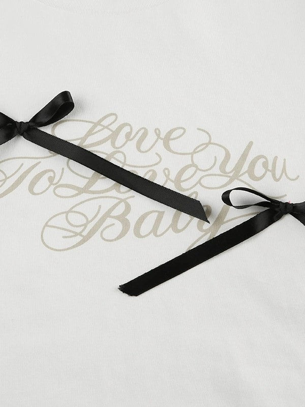 WHITE CROP TOP WITH RIBBON BOWS - BOLD LETTER PRINTS Y2K STYLE