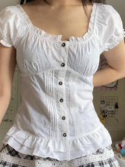 WHITE EYELET BUTTON-DOWN BLOUSE WITH SLIM FIT DESIGN