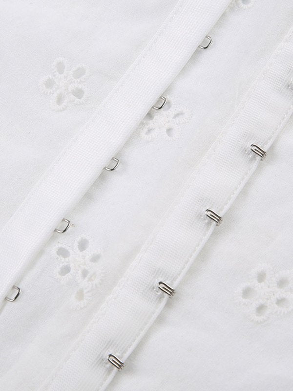 WHITE EYELET CORSET TOP WITH BLACK RIBBON FOR CASUAL OUTINGS AND SLIM FIT
