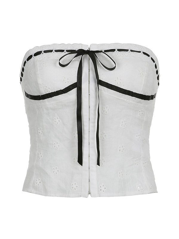 WHITE EYELET CORSET TOP WITH BLACK RIBBON FOR CASUAL OUTINGS AND SLIM FIT