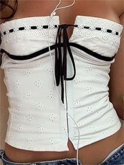 WHITE EYELET CORSET TOP WITH BLACK RIBBON FOR CASUAL OUTINGS AND SLIM FIT
