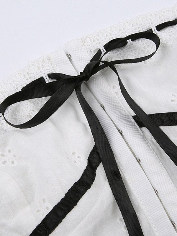 WHITE EYELET CORSET TOP WITH BLACK RIBBON FOR CASUAL OUTINGS AND SLIM FIT