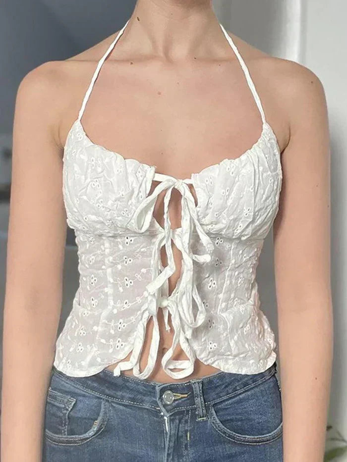 WHITE EYELET HALTER TOP WITH SLIM FIT V-NECK DESIGN