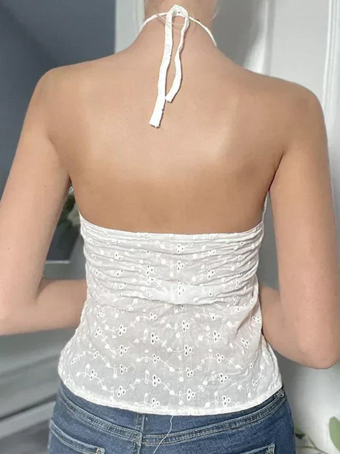 WHITE EYELET HALTER TOP WITH SLIM FIT V-NECK DESIGN