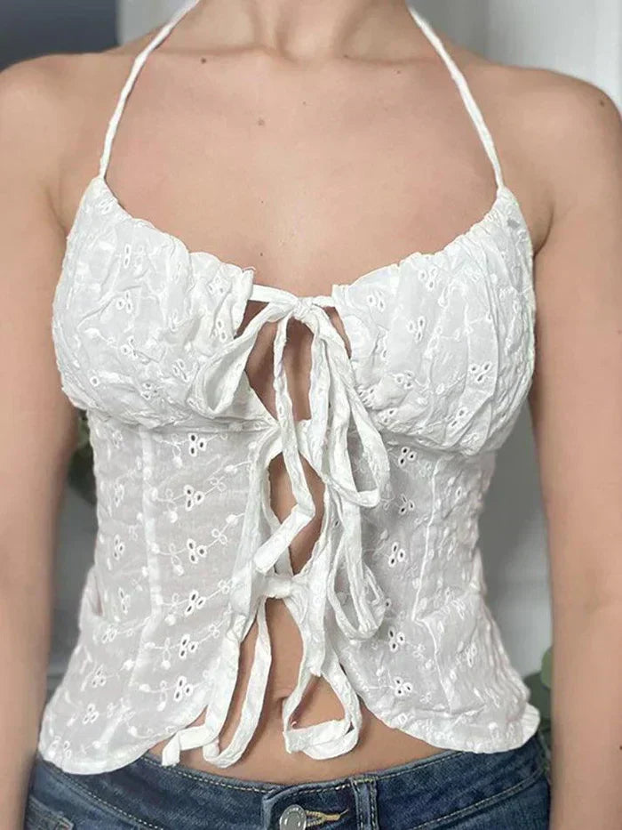 WHITE EYELET HALTER TOP WITH SLIM FIT V-NECK DESIGN