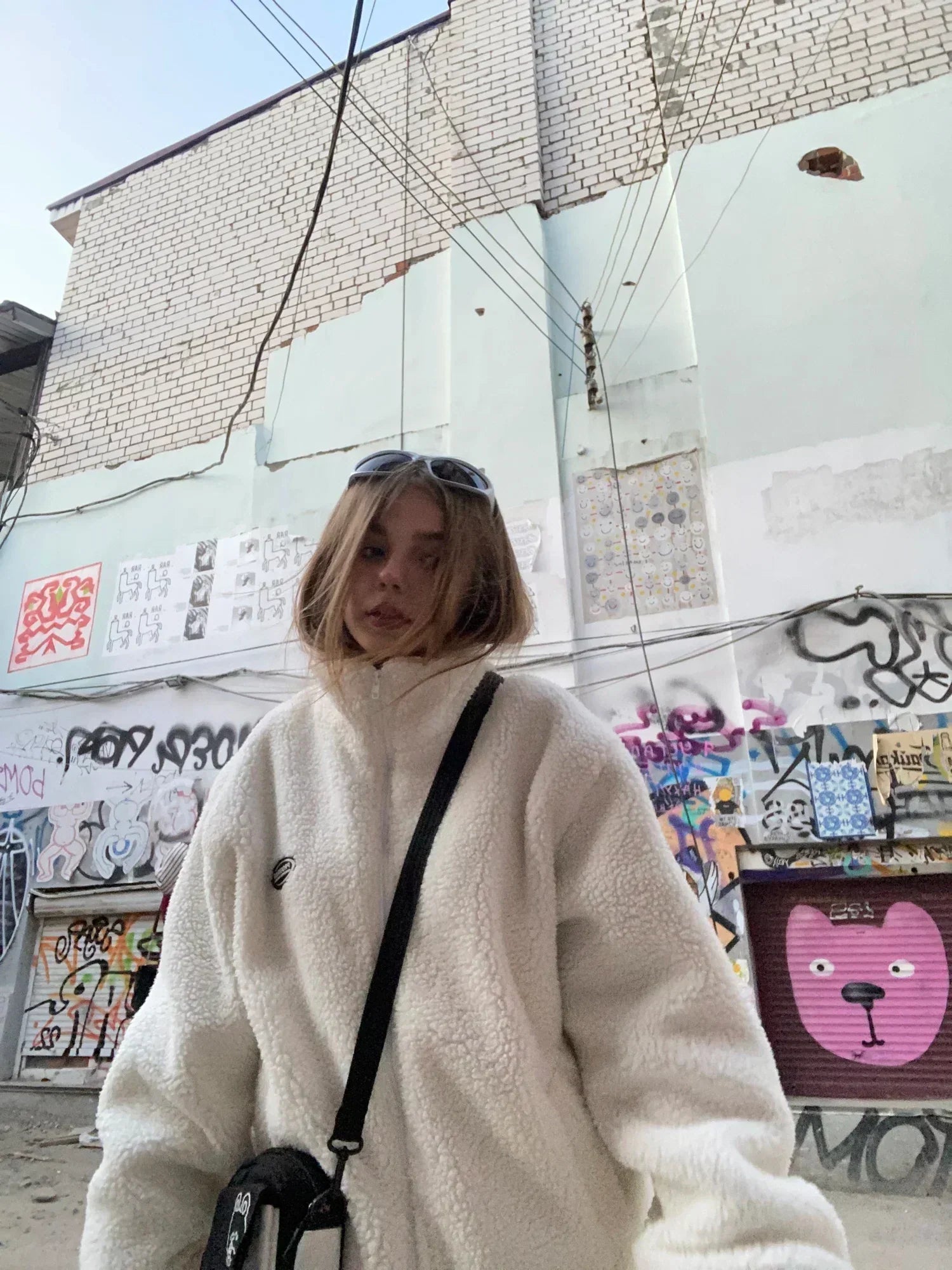 WHITE FLEECE ZIP-UP JACKET VESTE LAMSWOOL PROGRESS