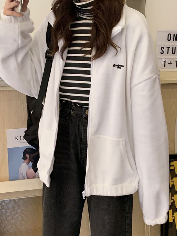 WHITE FLEECE ZIP-UP JACKET Y2K INSPIRED FASHION STATEMENT