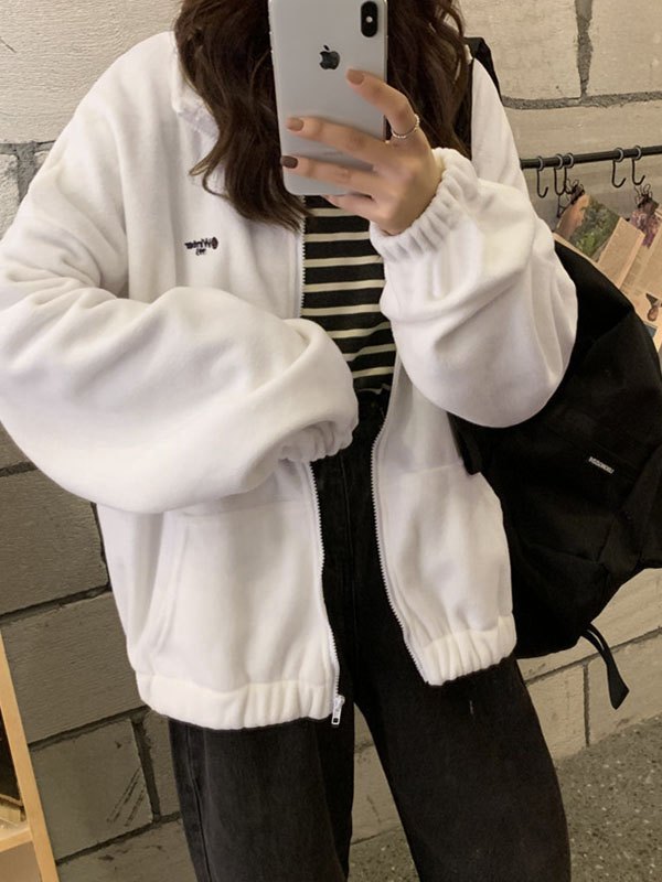 WHITE FLEECE ZIP-UP JACKET Y2K INSPIRED FASHION STATEMENT