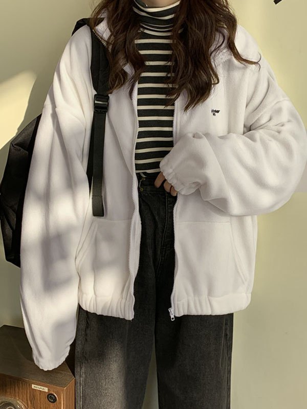 WHITE FLEECE ZIP-UP JACKET Y2K INSPIRED FASHION STATEMENT