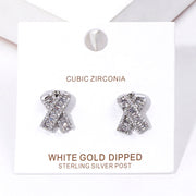 White Gold Dipped Cubic Zirconia Pink Ribbon Stud Earrings