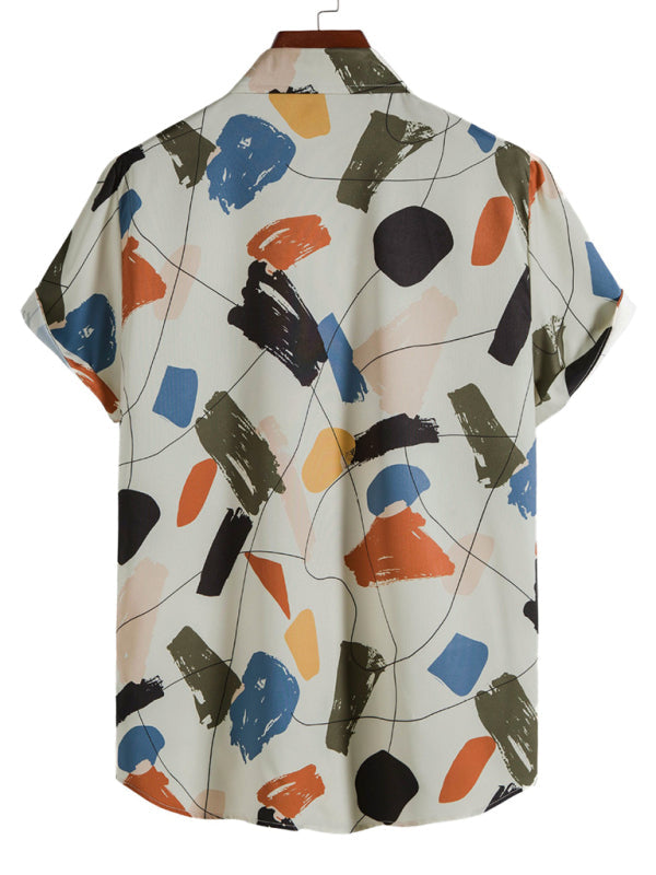 White Graffiti Print Lapel Cotton Slim Fit Men’s Shirt
