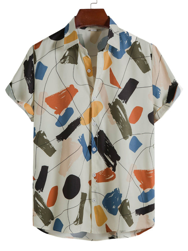 White Graffiti Print Lapel Cotton Slim Fit Men’s Shirt