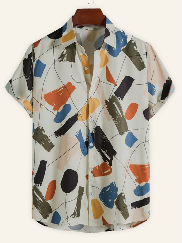 White Graffiti Print Lapel Cotton Slim Fit Men’s Shirt - White / S