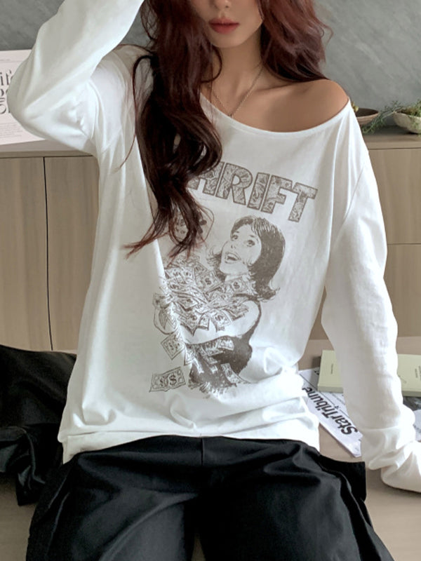 WHITE GRAPHIC LONG-SLEEVE SHIRT WITH VINTAGE PORTRAIT AND LOOSE FIT