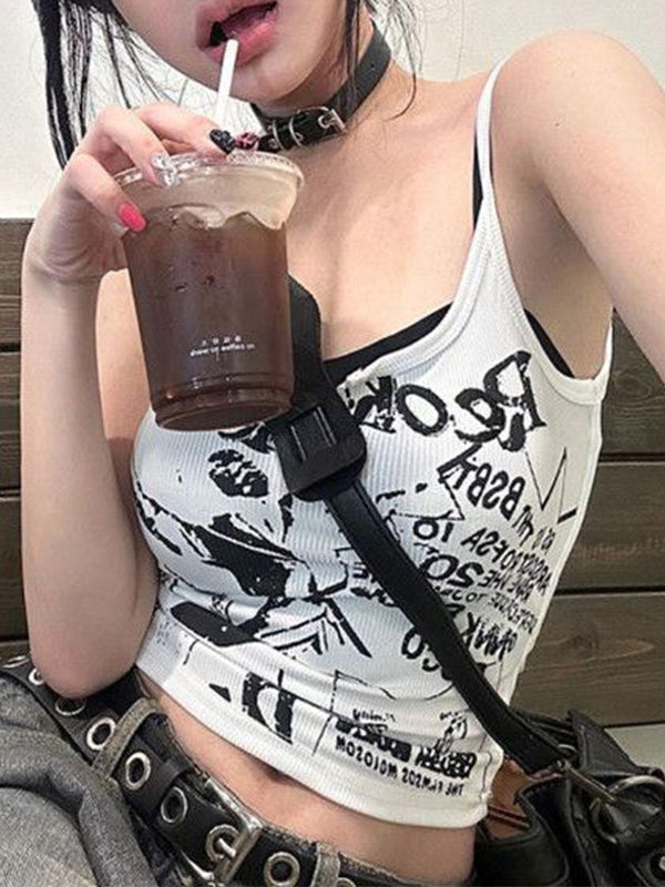 WHITE GRAPHIC PRINT TANK TOP SLIM FIT V-NECK