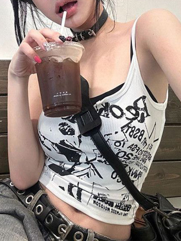WHITE GRAPHIC PRINT TANK TOP SLIM FIT V-NECK