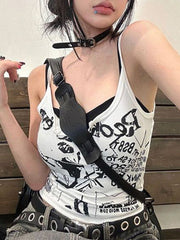 WHITE GRAPHIC PRINT TANK TOP SLIM FIT V-NECK
