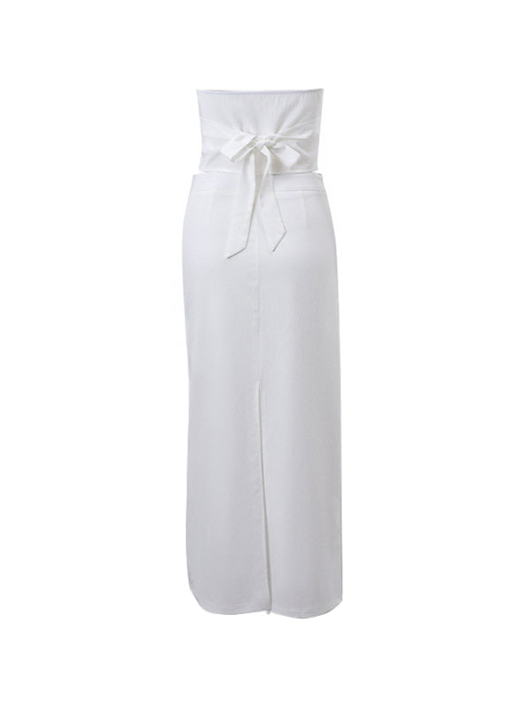 WHITE HALTER VEST AND MAXI SKIRT SET WITH CUTE SPLIT SKIRT DESIGN