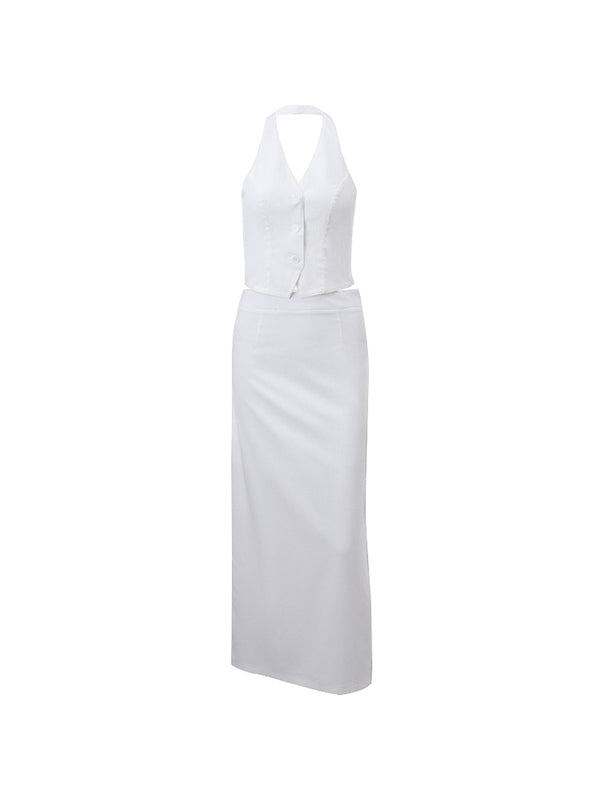 WHITE HALTER VEST AND MAXI SKIRT SET WITH CUTE SPLIT SKIRT DESIGN