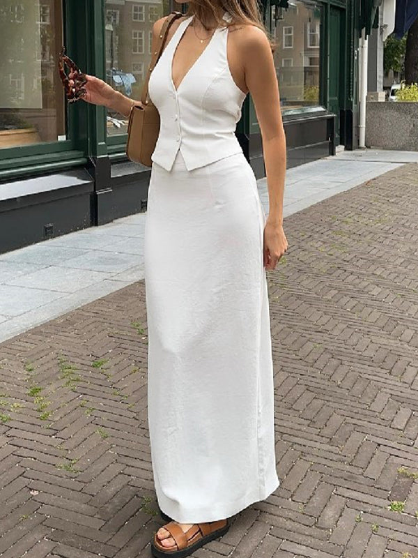WHITE HALTER VEST AND MAXI SKIRT SET WITH SLIM FIT AND V-NECK DESIGN