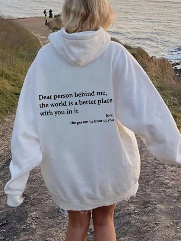 WHITE HOODED LONG SLEEVE HOODIE WITH POSITIVE MESSAGE FOR STREET STYLE
