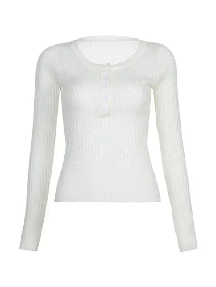 WHITE KNIT LONG SLEEVE TOP WITH BUTTON PLACKET AND DENIM SHORTS SET