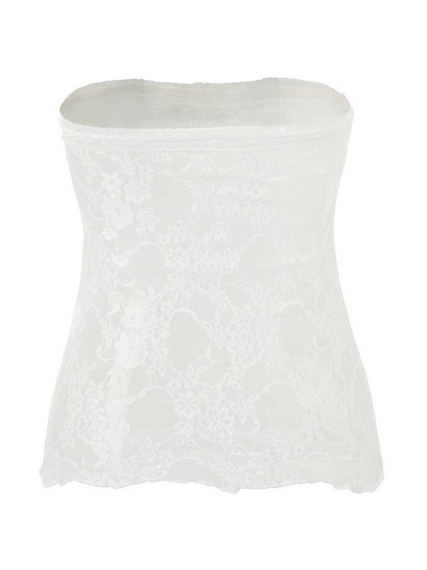 WHITE LACE AND KNIT TOP WITH DELICATE LACE SEAM - WHITE CUTE BANDEAU