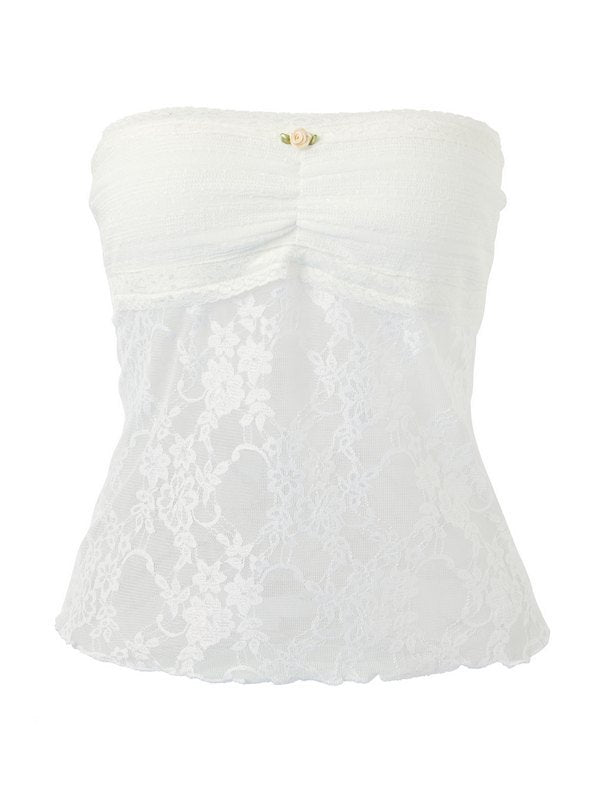 WHITE LACE AND KNIT TOP WITH DELICATE LACE SEAM - WHITE CUTE BANDEAU