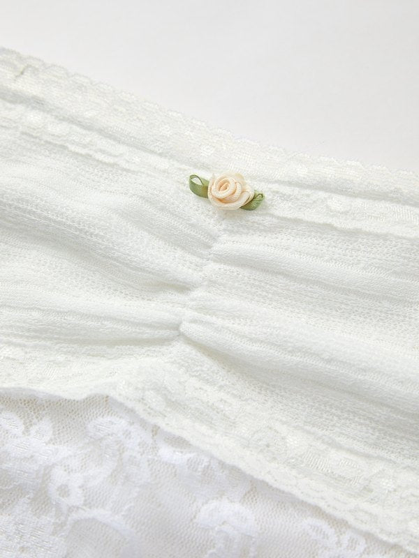 WHITE LACE AND KNIT TOP WITH DELICATE LACE SEAM - WHITE CUTE BANDEAU