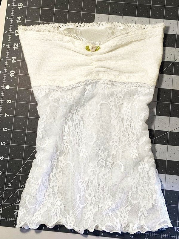 WHITE LACE AND KNIT TOP WITH DELICATE LACE SEAM - WHITE CUTE BANDEAU