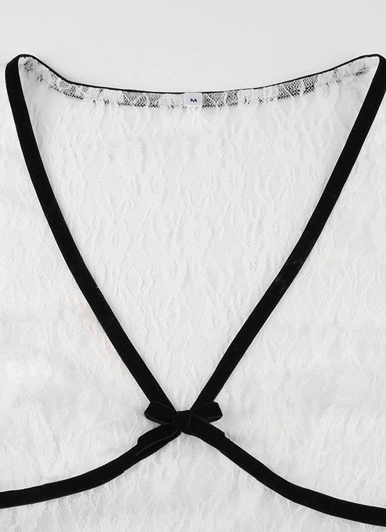 WHITE LACE CROP TOP WITH BLACK TRIM LACE MESH PATCHWORK