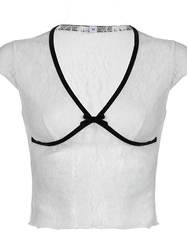 WHITE LACE CROP TOP WITH BLACK TRIM LACE MESH PATCHWORK