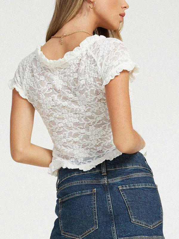 WHITE LACE CROP TOP WITH MODERN FRENCH LACE DESIGN