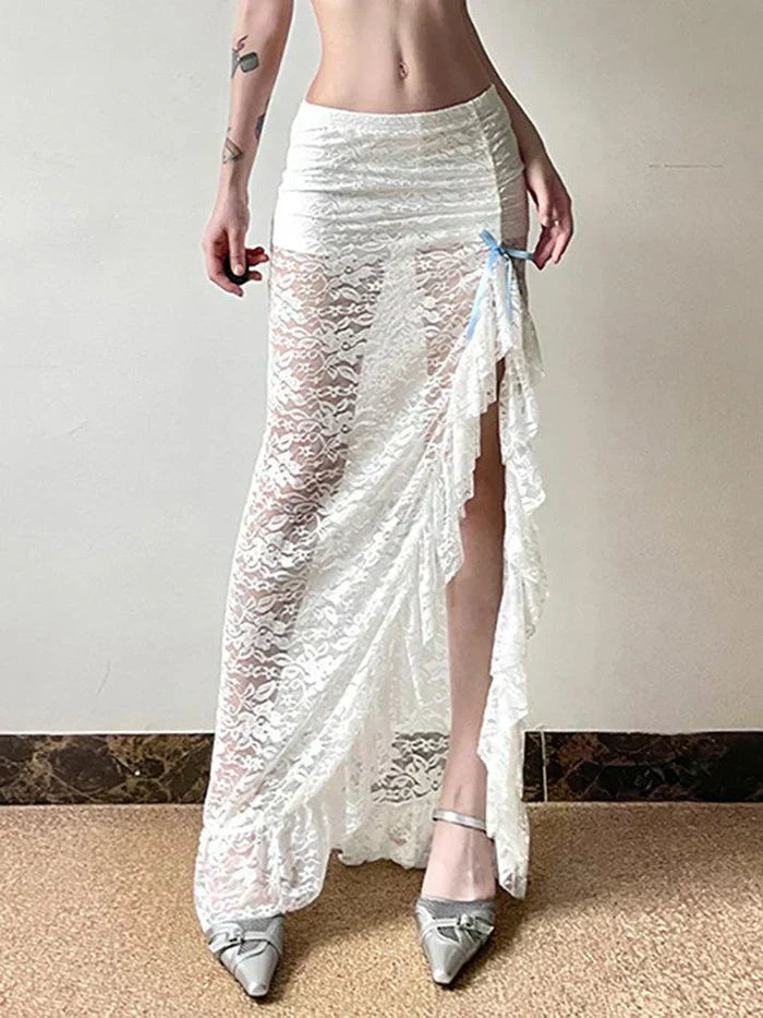 WHITE LACE RUFFLE MAXI SKIRT VINTAGE MIDI SKIRT