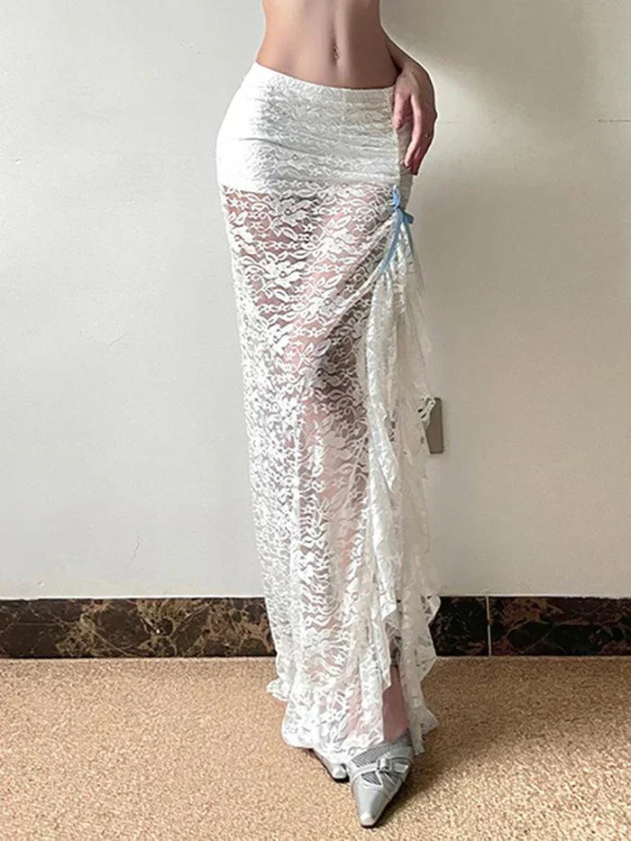 WHITE LACE RUFFLE MAXI SKIRT VINTAGE MIDI SKIRT