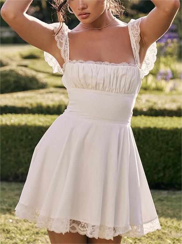 WHITE LACE-TRIMMED MINI DRESS Y2K CASUAL