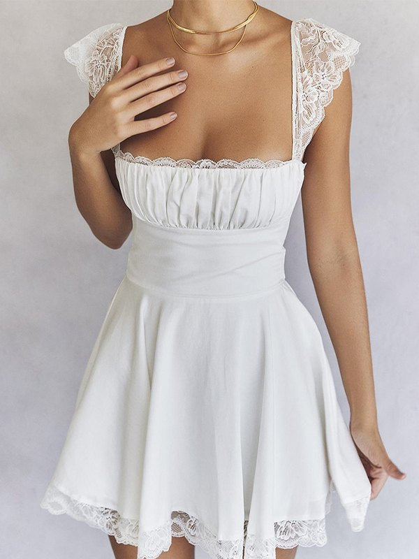 WHITE LACE-TRIMMED MINI DRESS Y2K CASUAL