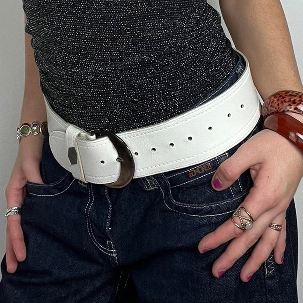 WHITE LEATHER BELT SILVER BUCKLE