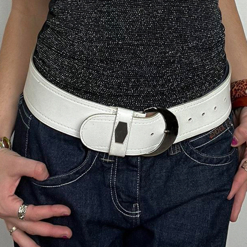 WHITE LEATHER BELT SILVER BUCKLE