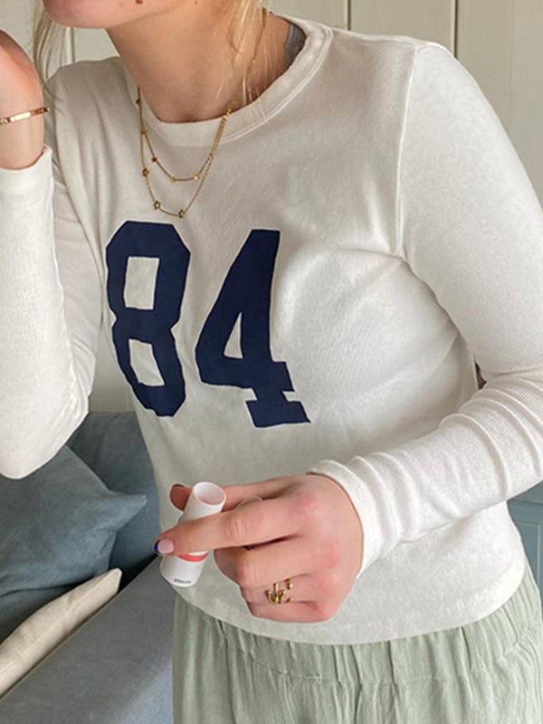 WHITE LONG-SLEEVED SHIRT WITH BLUE 84 CASUAL LOOSE FIT ROUND NECK