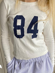 WHITE LONG-SLEEVED SHIRT WITH BLUE 84 CASUAL LOOSE FIT ROUND NECK