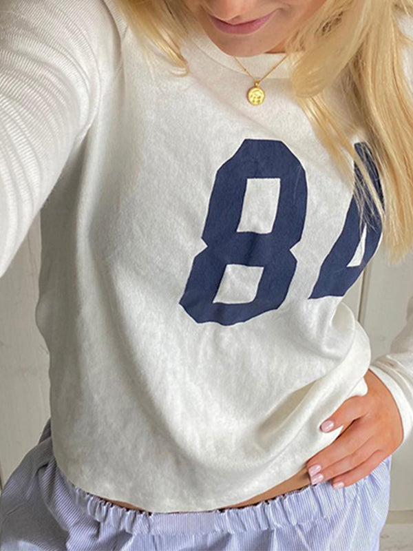 WHITE LONG-SLEEVED SHIRT WITH BLUE 84 CASUAL LOOSE FIT ROUND NECK