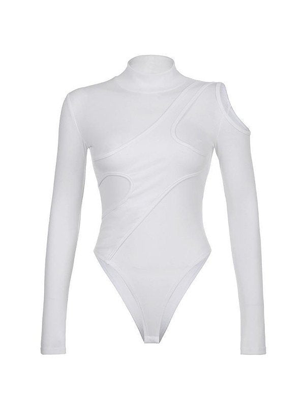 WHITE LONG-SLEEVED TOP WITH SHOULDER CUTOUT AND IRREGULAR PANEL DESIGN