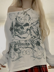 WHITE OVERSIZE LONG SLEEVE SHIRT WITH BOLD SKULL PRINT